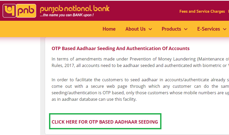 otp based aadhar seeding pnb 